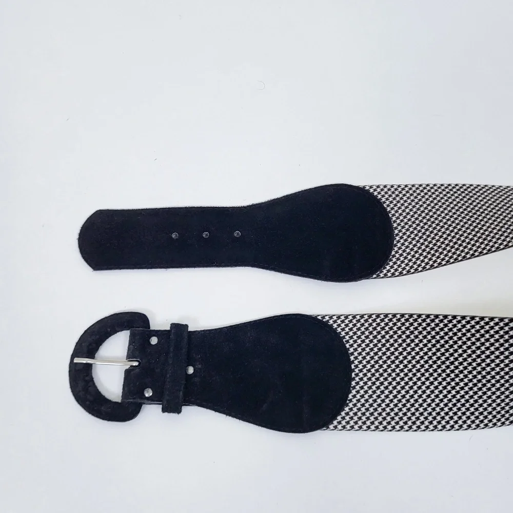90s Houndstooth Belt Wide Buckle Thick Suede Black White - Picture 8 of 12